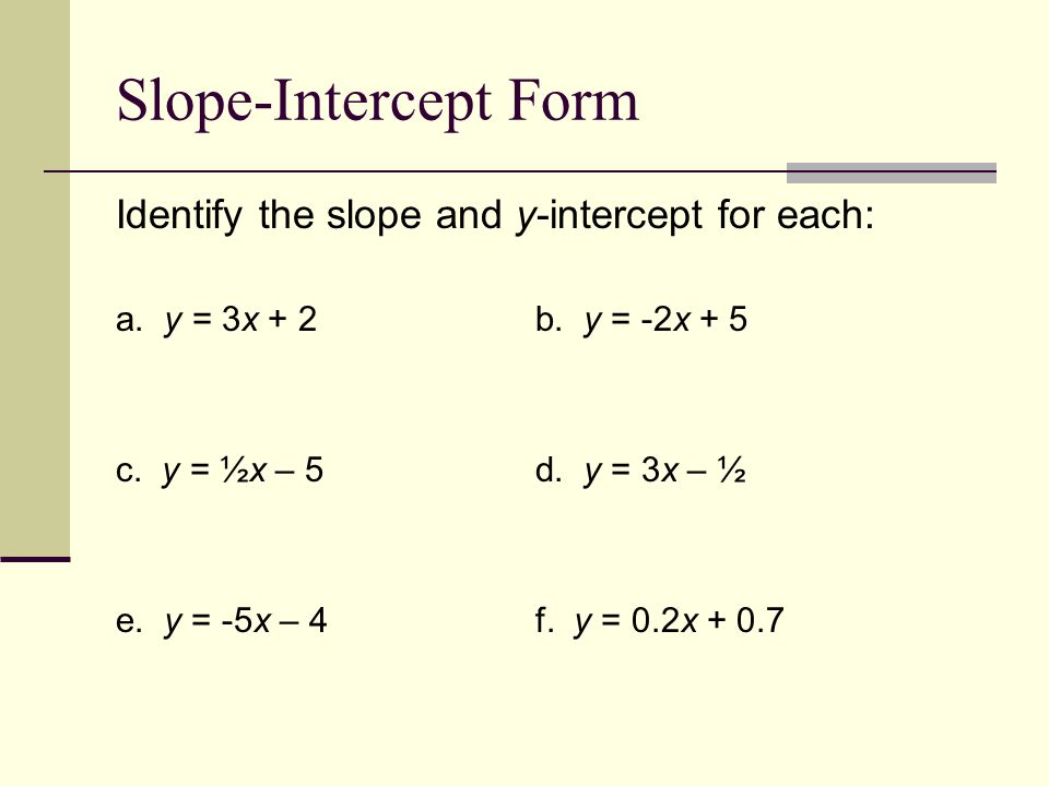 Slope-Intercept Form Identify the slope and y-intercept for each: