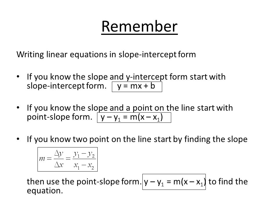Remember Writing linear equations in slope-intercept form