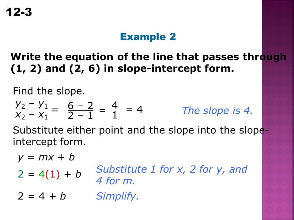 Example 2 Write the equation of the line that passes through (1, 2) and (2, 6) in slope-intercept form.