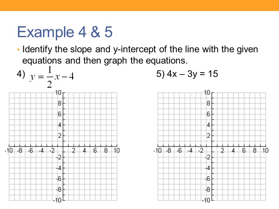Example 4 & 5 Identify the slope and y-intercept of the line with the given equations and then graph the equations.