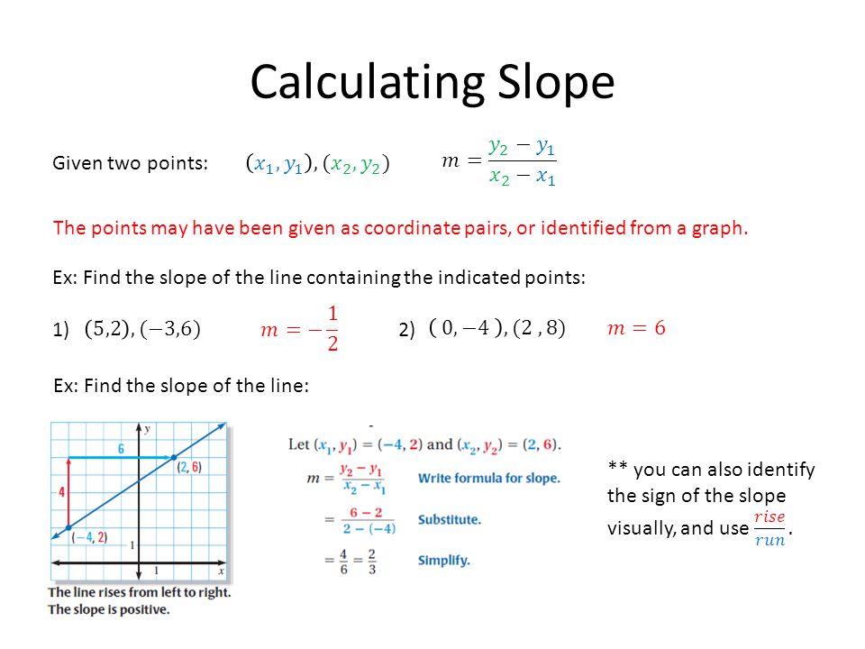 Calculating Slope 𝑚= 𝑦 2 − 𝑦 1 𝑥 2 − 𝑥 1