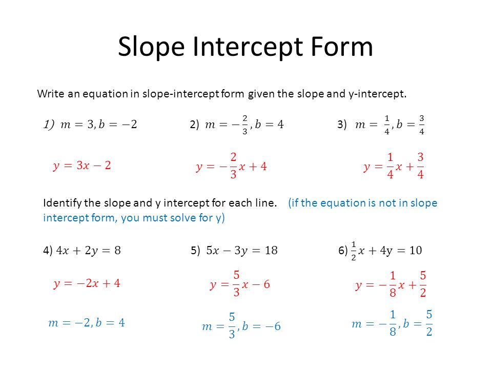 Slope Intercept Form Write an equation in slope-intercept form given the slope and y-intercept. 𝑚=3, 𝑏=−2 2) 𝑚=− 2 3 , 𝑏=4 3) 𝑚= 1 4 , 𝑏= 3 4.
