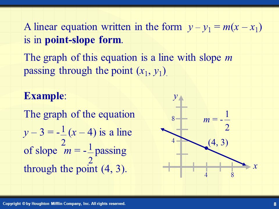 A linear equation written in the form y – y1 = m(x – x1) is in point-slope form.