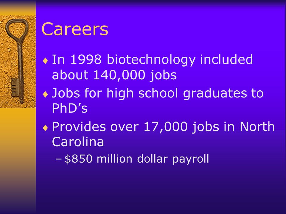 Careers In 1998 biotechnology included about 140,000 jobs