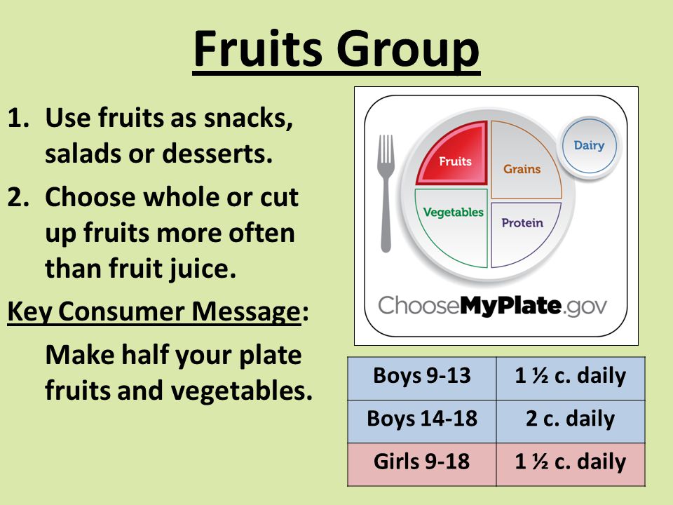 Fruits Group Use fruits as snacks, salads or desserts.