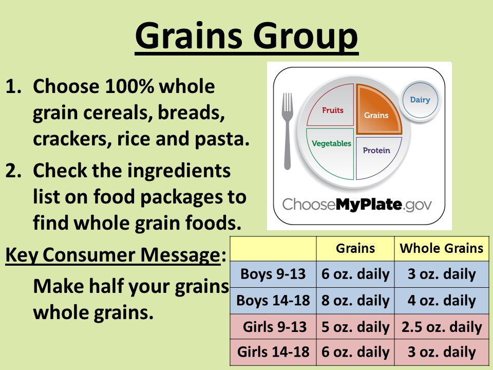 Grains Group Choose 100% whole grain cereals, breads, crackers, rice and pasta.