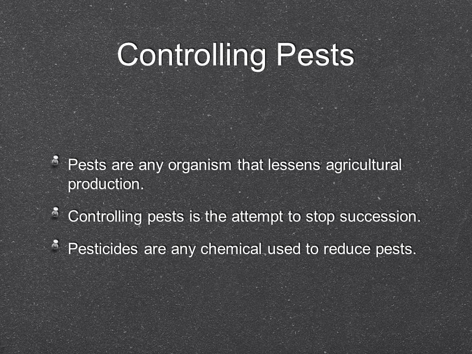 Controlling Pests Pests are any organism that lessens agricultural production. Controlling pests is the attempt to stop succession.