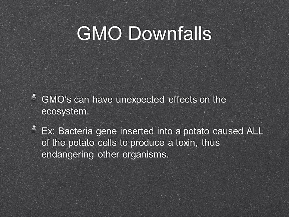 GMO Downfalls GMO’s can have unexpected effects on the ecosystem.