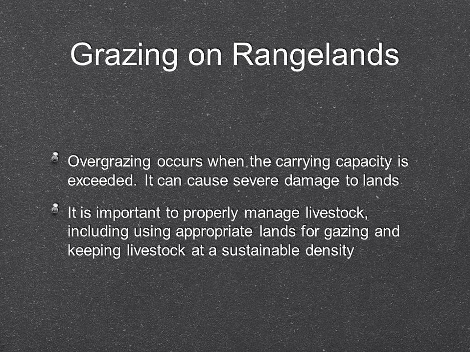 Grazing on Rangelands Overgrazing occurs when the carrying capacity is exceeded. It can cause severe damage to lands.