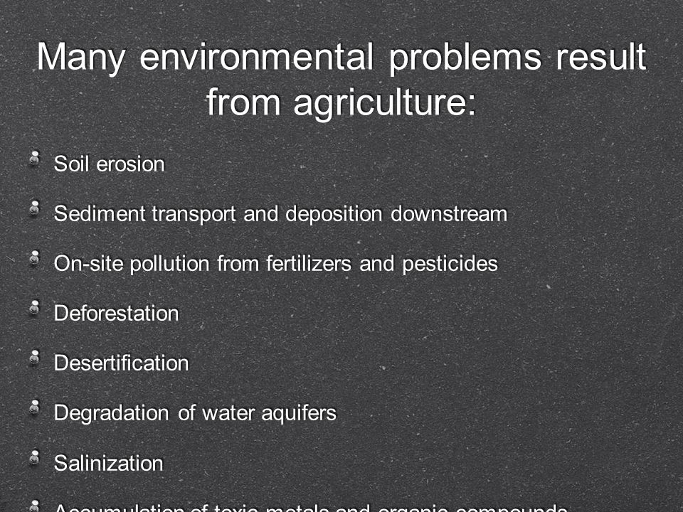 Many environmental problems result from agriculture: