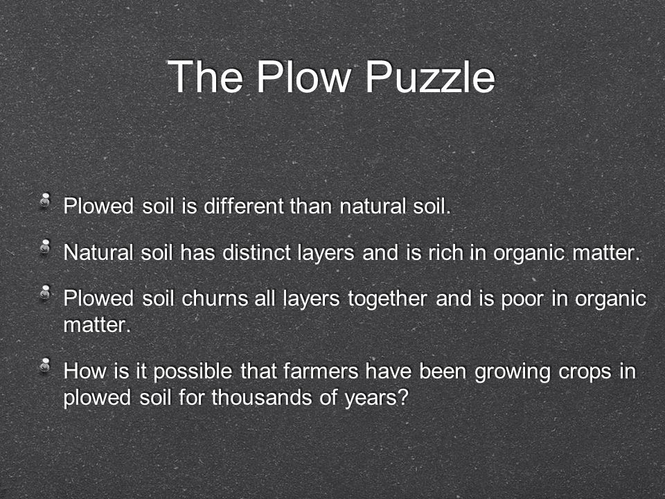 The Plow Puzzle Plowed soil is different than natural soil.