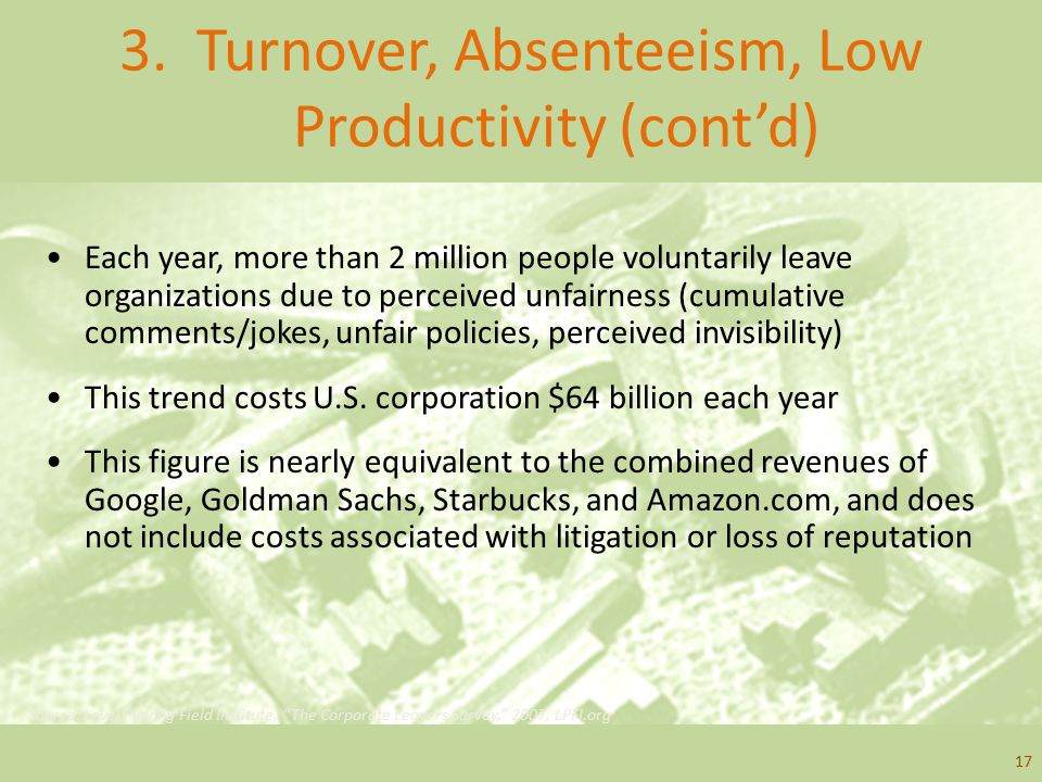 3. Turnover, Absenteeism, Low Productivity (cont’d)