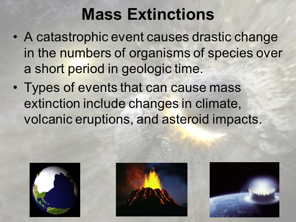 Mass Extinctions A catastrophic event causes drastic change in the numbers of organisms of species over a short period in geologic time.