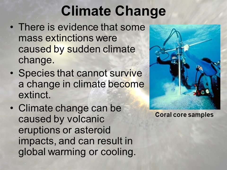 Climate Change There is evidence that some mass extinctions were caused by sudden climate change.