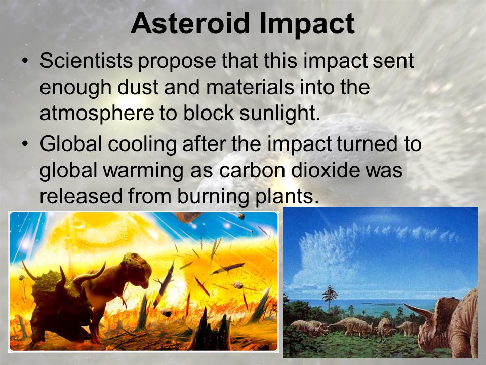 Asteroid Impact Scientists propose that this impact sent enough dust and materials into the atmosphere to block sunlight.