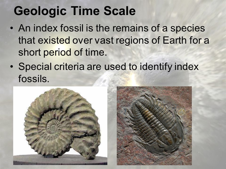 Geologic Time Scale An index fossil is the remains of a species that existed over vast regions of Earth for a short period of time.