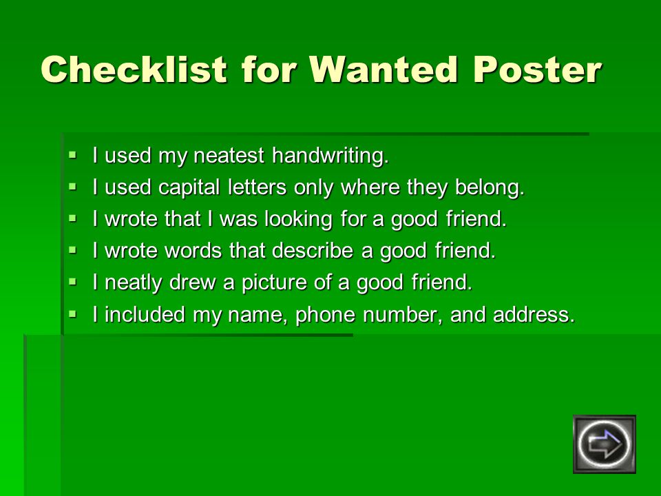 Checklist for Wanted Poster