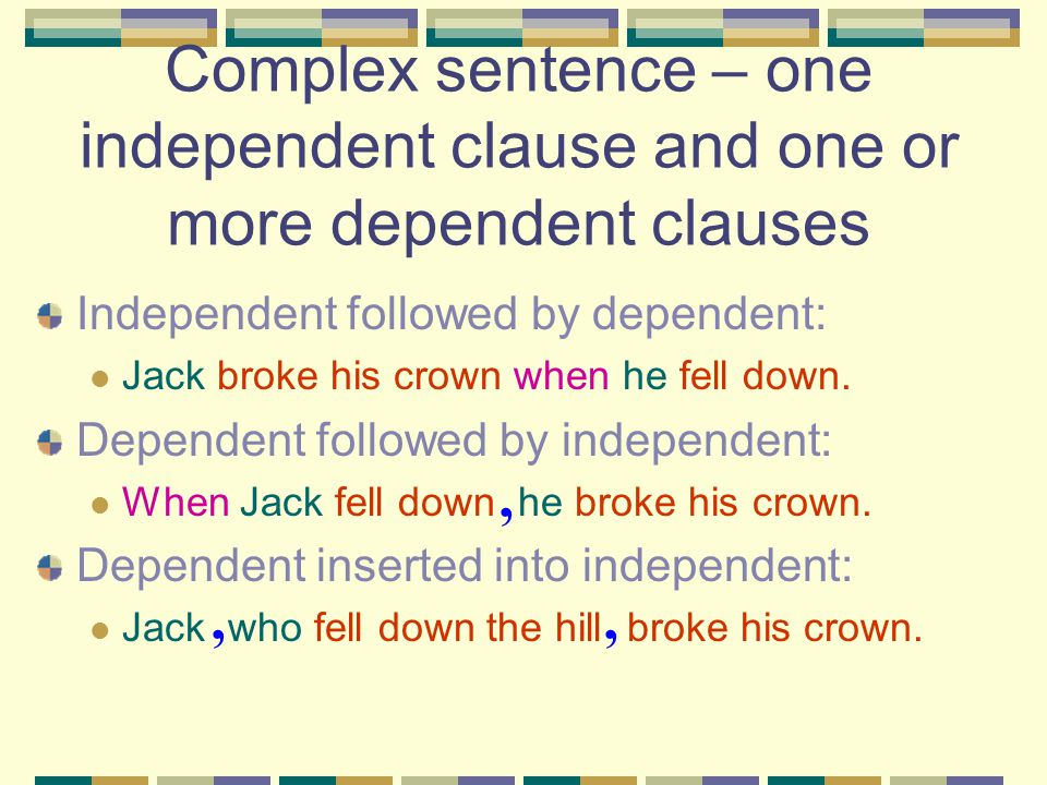 Complex sentence – one independent clause and one or more dependent clauses