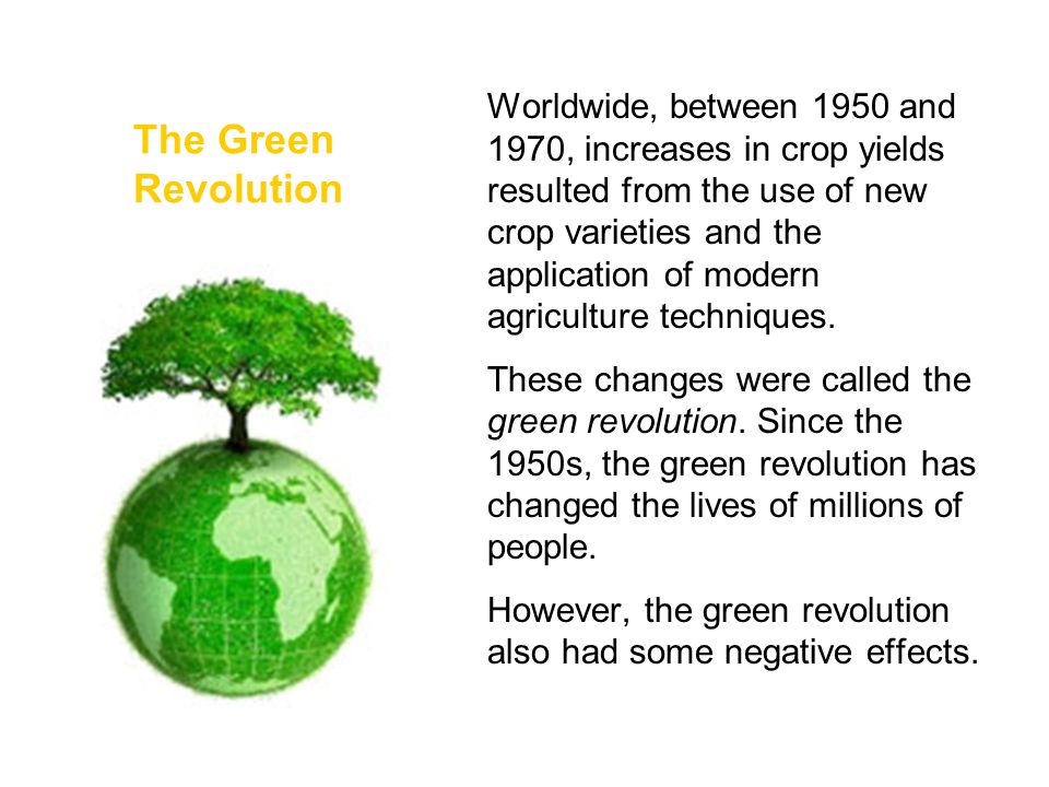 Worldwide, between 1950 and 1970, increases in crop yields resulted from the use of new crop varieties and the application of modern agriculture techniques.
