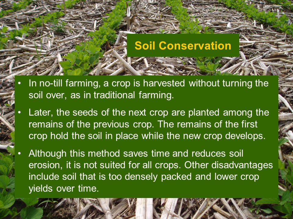 Soil Conservation In no-till farming, a crop is harvested without turning the soil over, as in traditional farming.