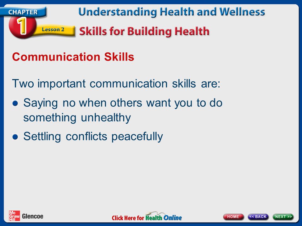 Communication Skills Two important communication skills are: Saying no when others want you to do something unhealthy.