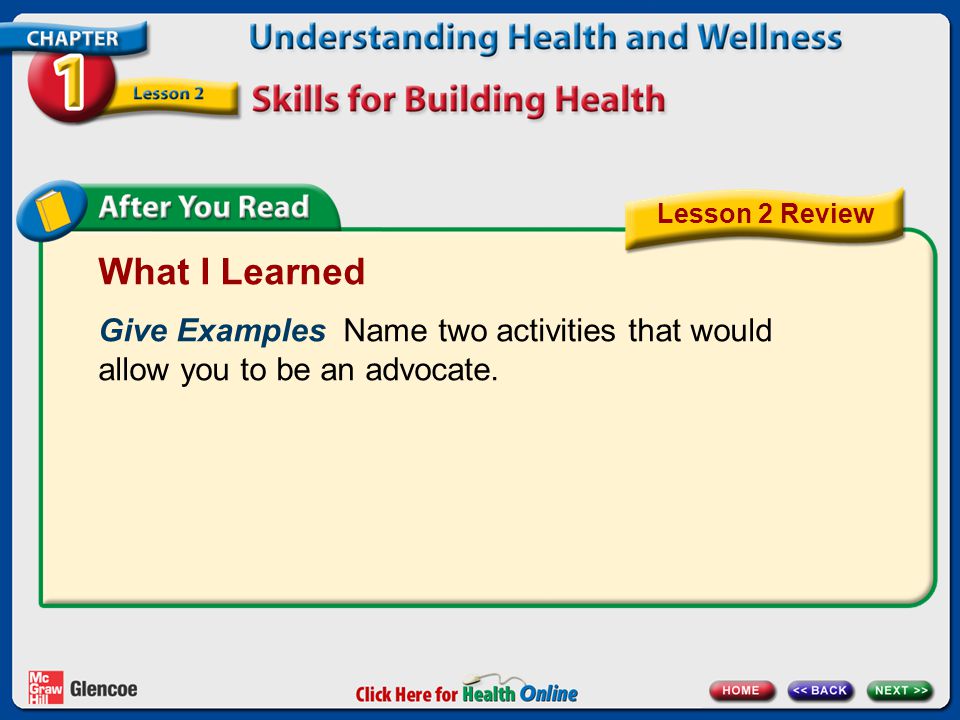 Lesson 2 Review What I Learned. Give Examples Name two activities that would allow you to be an advocate.