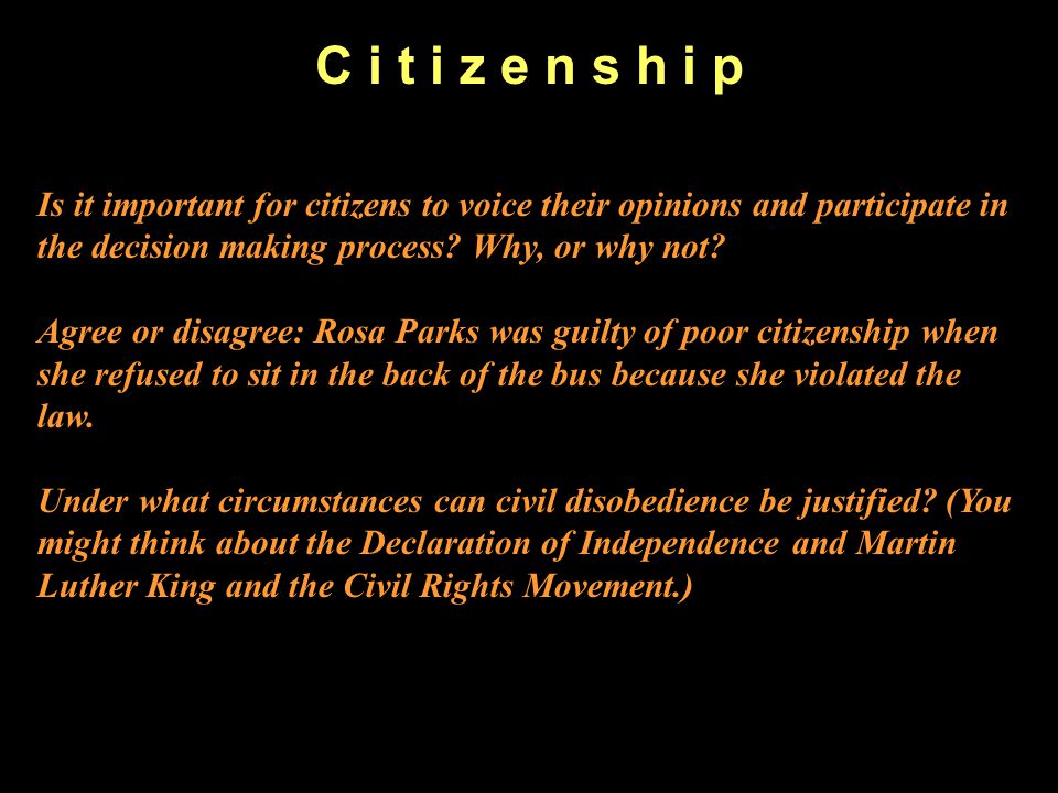 C i t i z e n s h i p Is it important for citizens to voice their opinions and participate in the decision making process Why, or why not