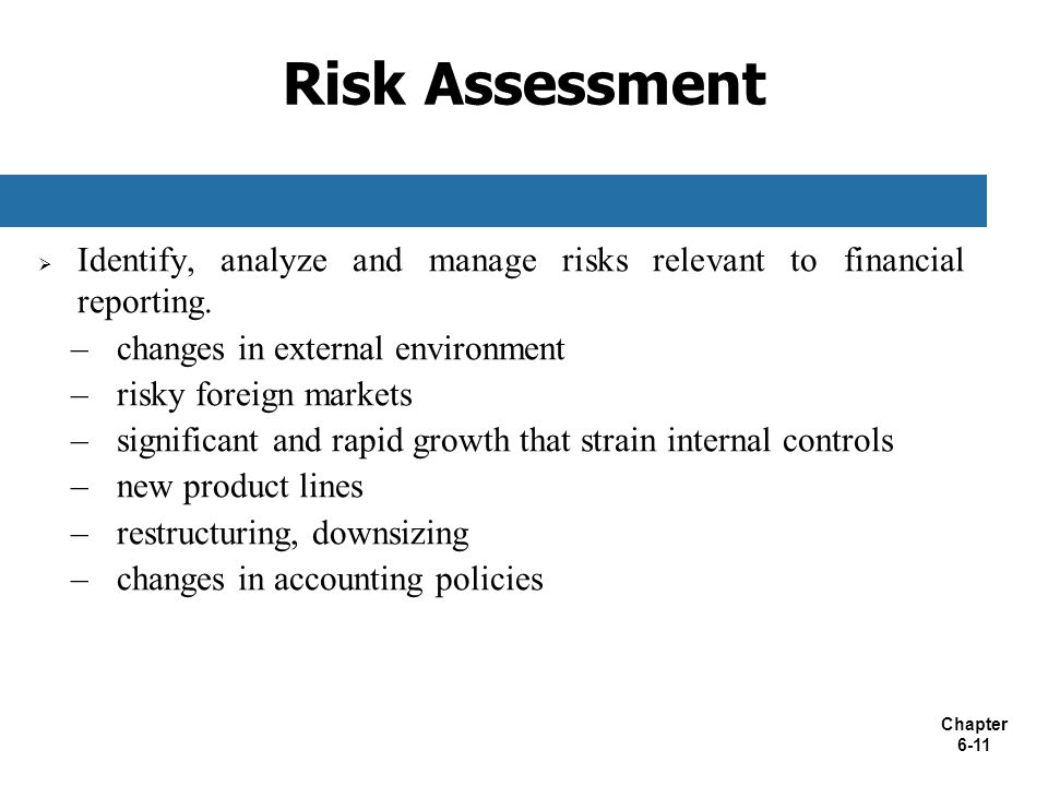Risk Assessment Identify, analyze and manage risks relevant to financial reporting. changes in external environment.