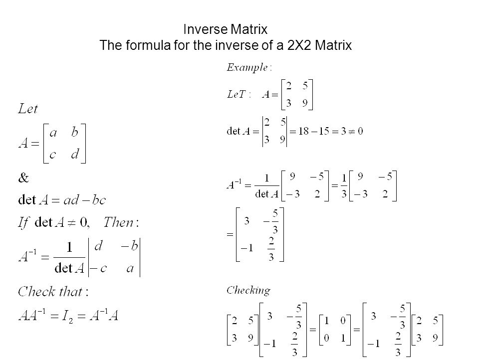 Inverse Matrix The formula for the inverse of a 2X2 Matrix