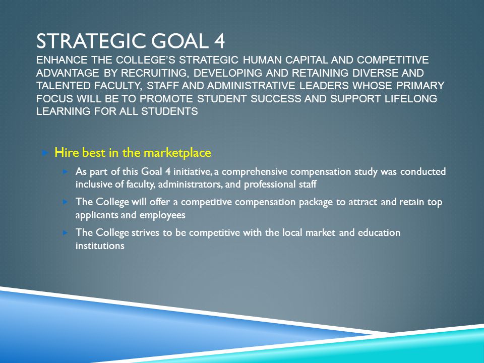 Strategic goal 4 Enhance the College’s Strategic Human Capital and Competitive Advantage by Recruiting, Developing and Retaining Diverse and Talented Faculty, Staff and Administrative Leaders whose Primary Focus will be to Promote Student Success and Support Lifelong Learning for All Students