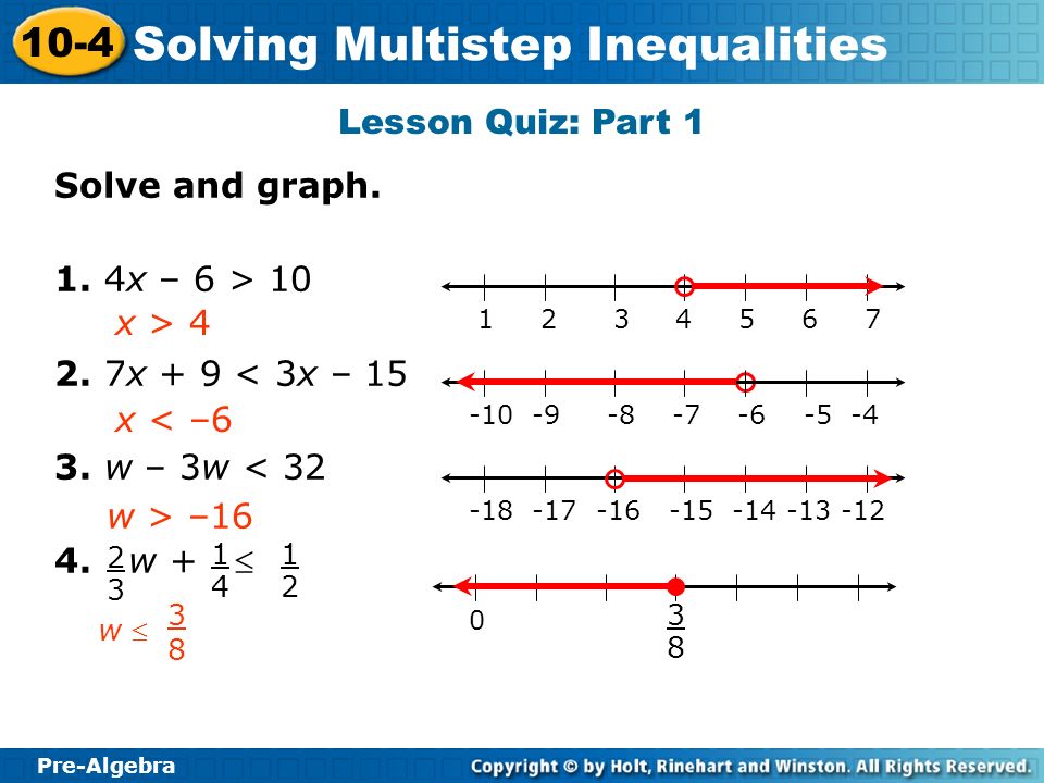Lesson Quiz: Part 1 Solve and graph. 1. 4x – 6 > 10