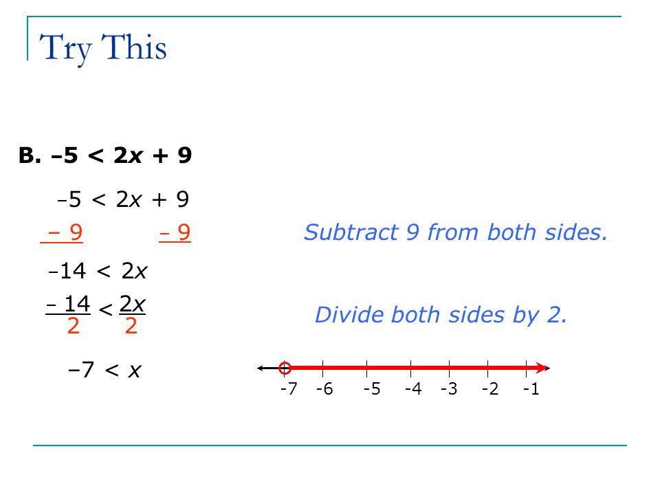 Try This B. –5 < 2x + 9 – 9 – 9 Subtract 9 from both sides.