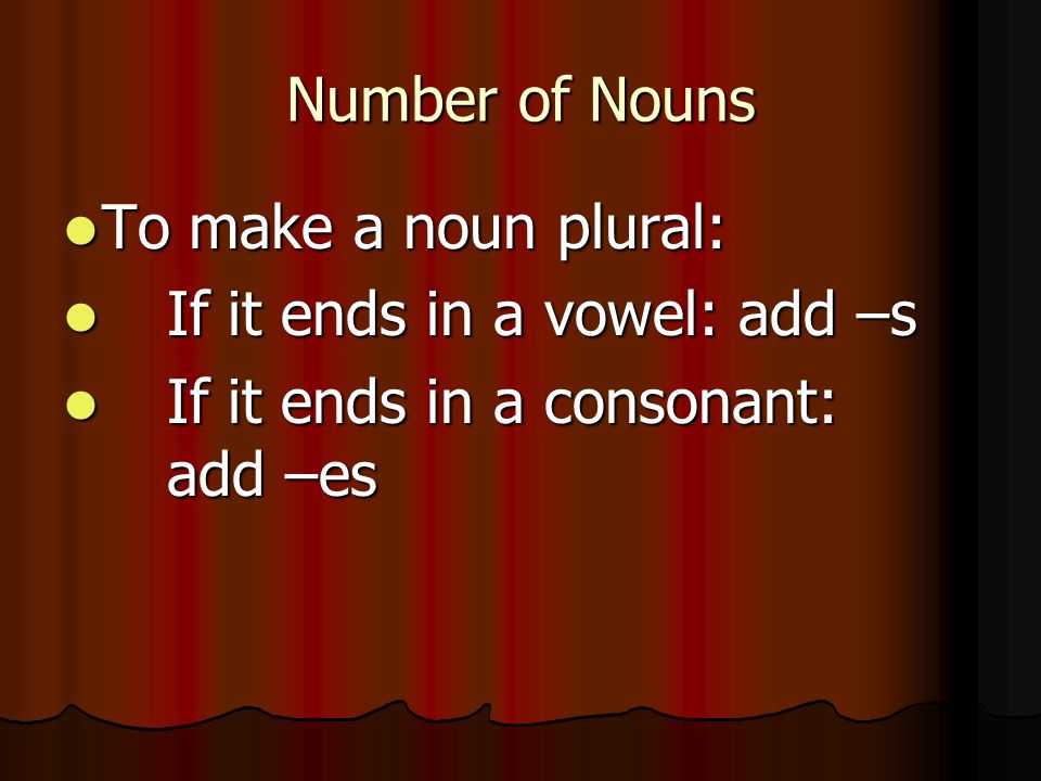 Number of Nouns To make a noun plural: If it ends in a vowel: add –s.
