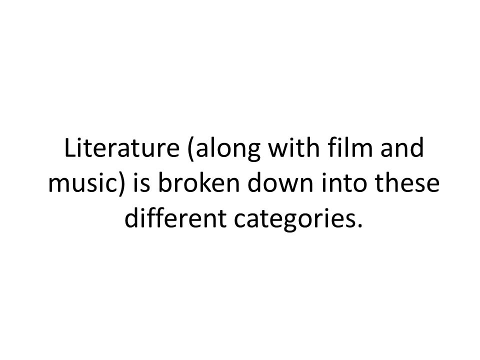 Literature (along with film and music) is broken down into these different categories.