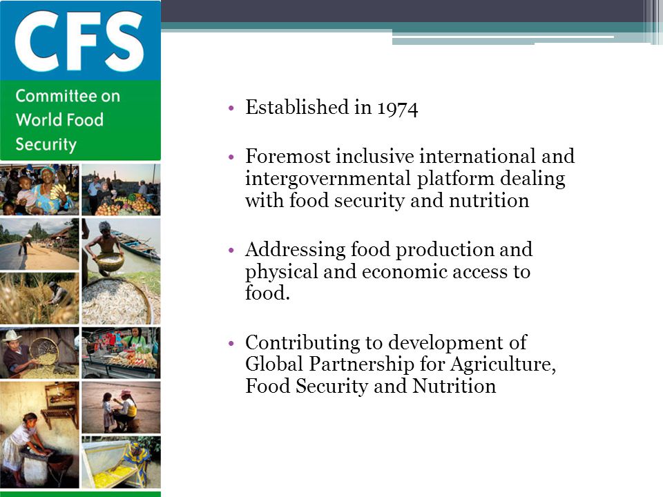 Established in 1974 Foremost inclusive international and intergovernmental platform dealing with food security and nutrition.