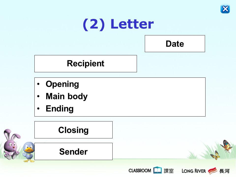 (2) Letter Date Recipient Opening Main body Ending Closing Sender