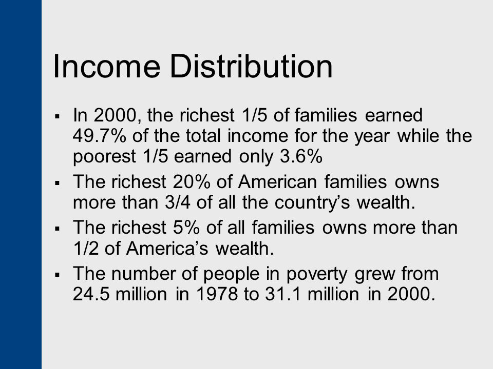 Income Distribution In 2000, the richest 1/5 of families earned 49.7% of the total income for the year while the poorest 1/5 earned only 3.6%
