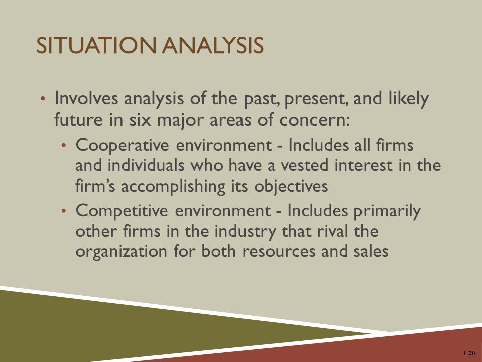 Situation Analysis Involves analysis of the past, present, and likely future in six major areas of concern: