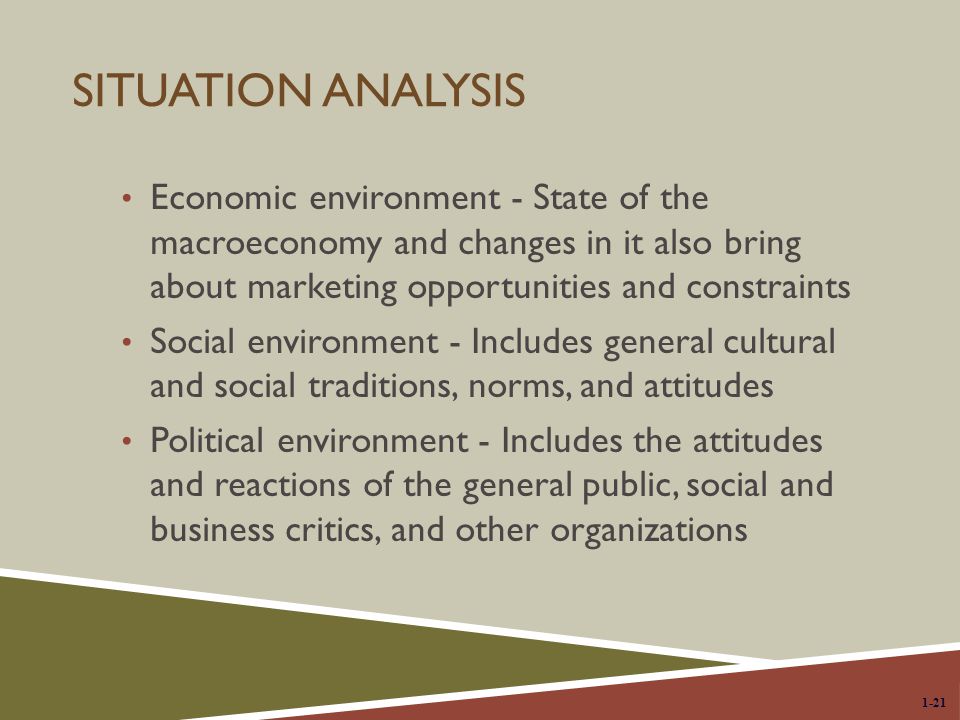 Situation Analysis Economic environment - State of the macroeconomy and changes in it also bring about marketing opportunities and constraints.