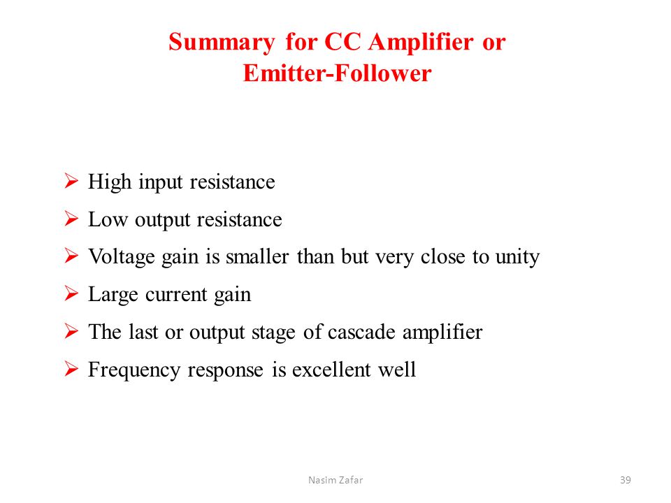 Summary for CC Amplifier or Emitter-Follower