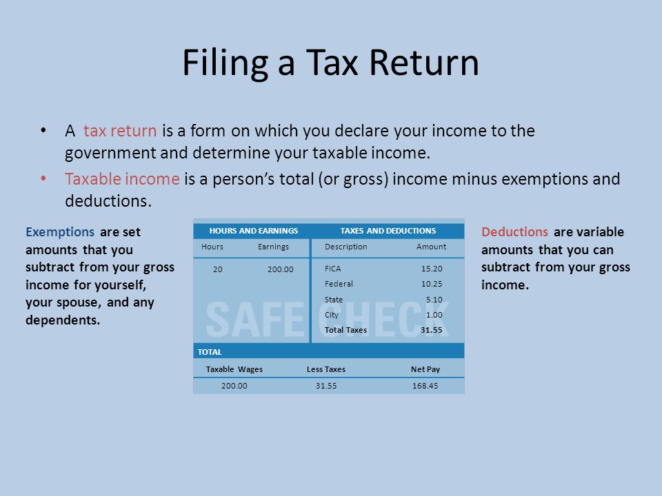 Filing a Tax Return A tax return is a form on which you declare your income to the government and determine your taxable income.