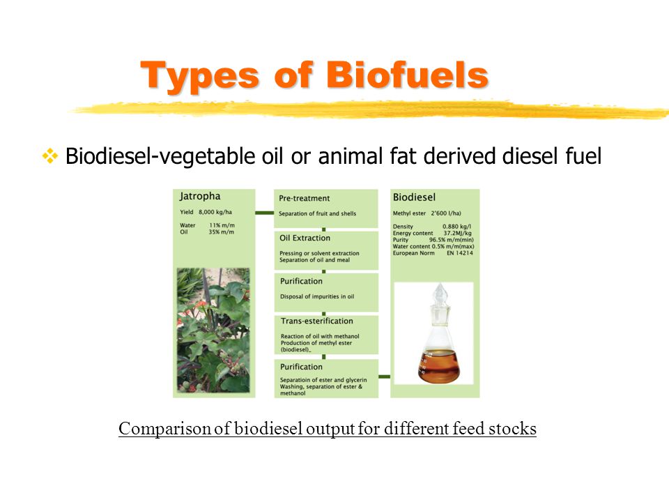 Types of Biofuels Biodiesel-vegetable oil or animal fat derived diesel fuel.