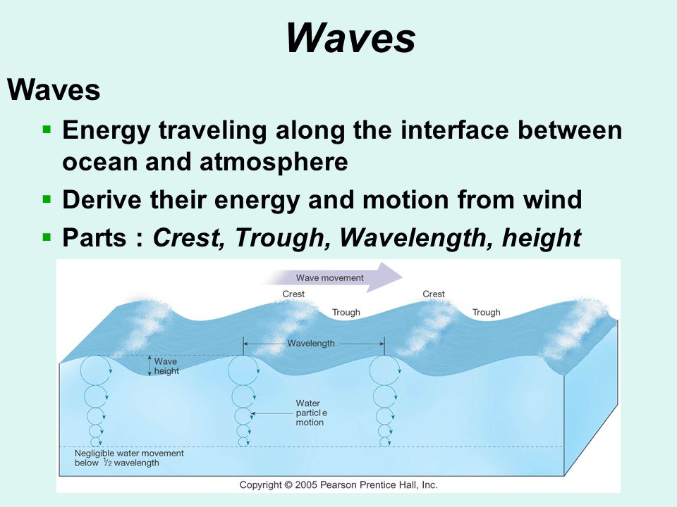 Waves Waves. Energy traveling along the interface between ocean and atmosphere. Derive their energy and motion from wind.
