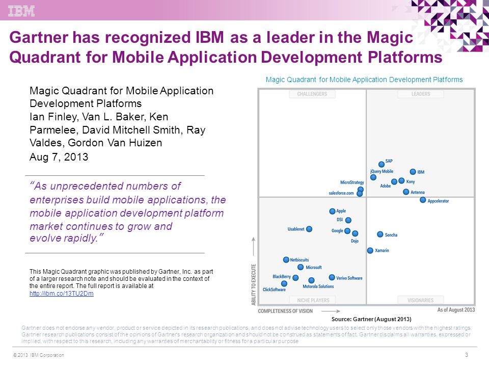 Gartner has recognized IBM as a leader in the Magic Quadrant for Mobile Application Development Platforms