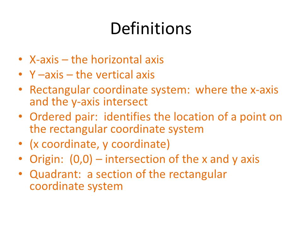 Definitions X-axis – the horizontal axis Y –axis – the vertical axis