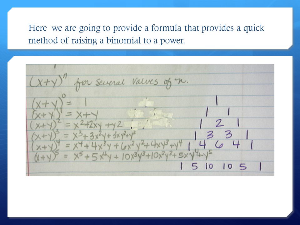 Here we are going to provide a formula that provides a quick method of raising a binomial to a power.