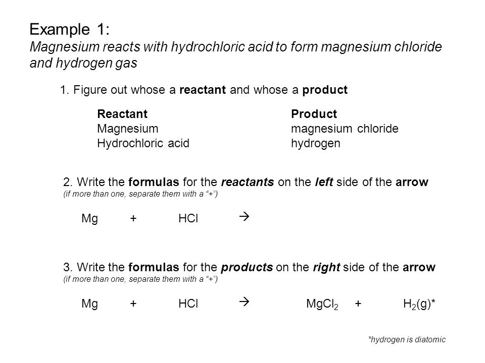 Example 1: Magnesium reacts with hydrochloric acid to form magnesium chloride and hydrogen gas