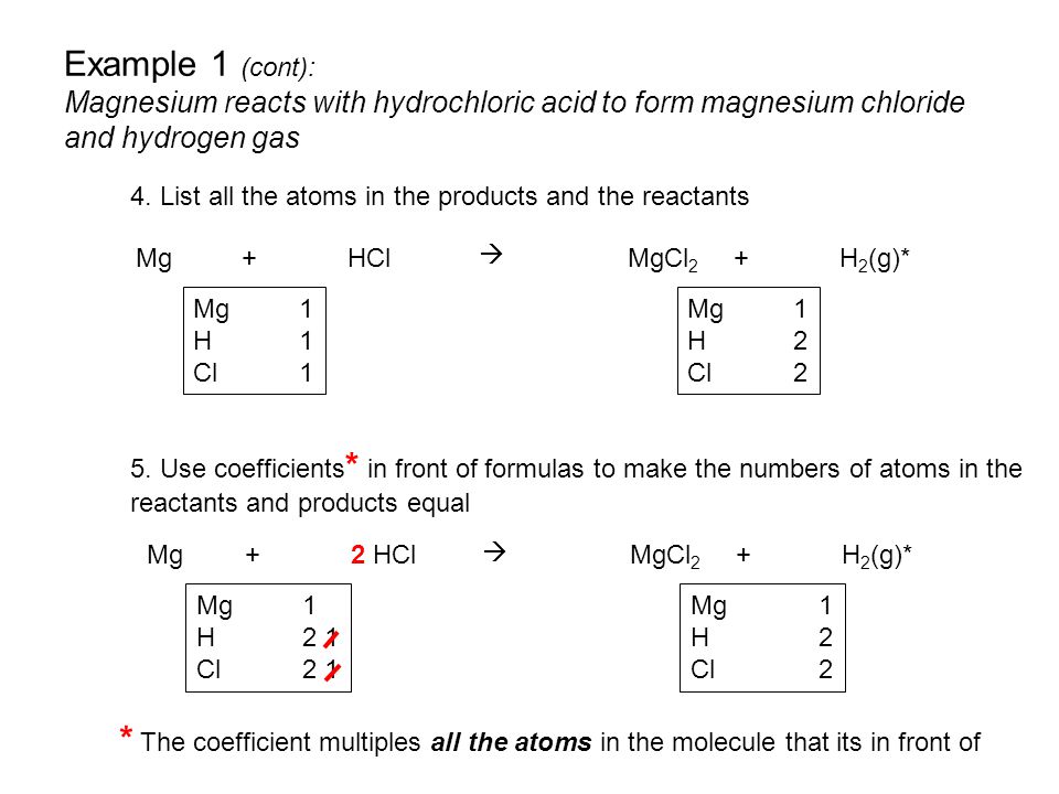 Example 1 (cont): Magnesium reacts with hydrochloric acid to form magnesium chloride and hydrogen gas