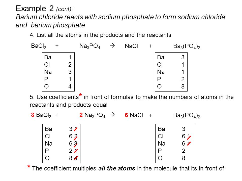 Example 2 (cont): Barium chloride reacts with sodium phosphate to form sodium chloride and barium phosphate
