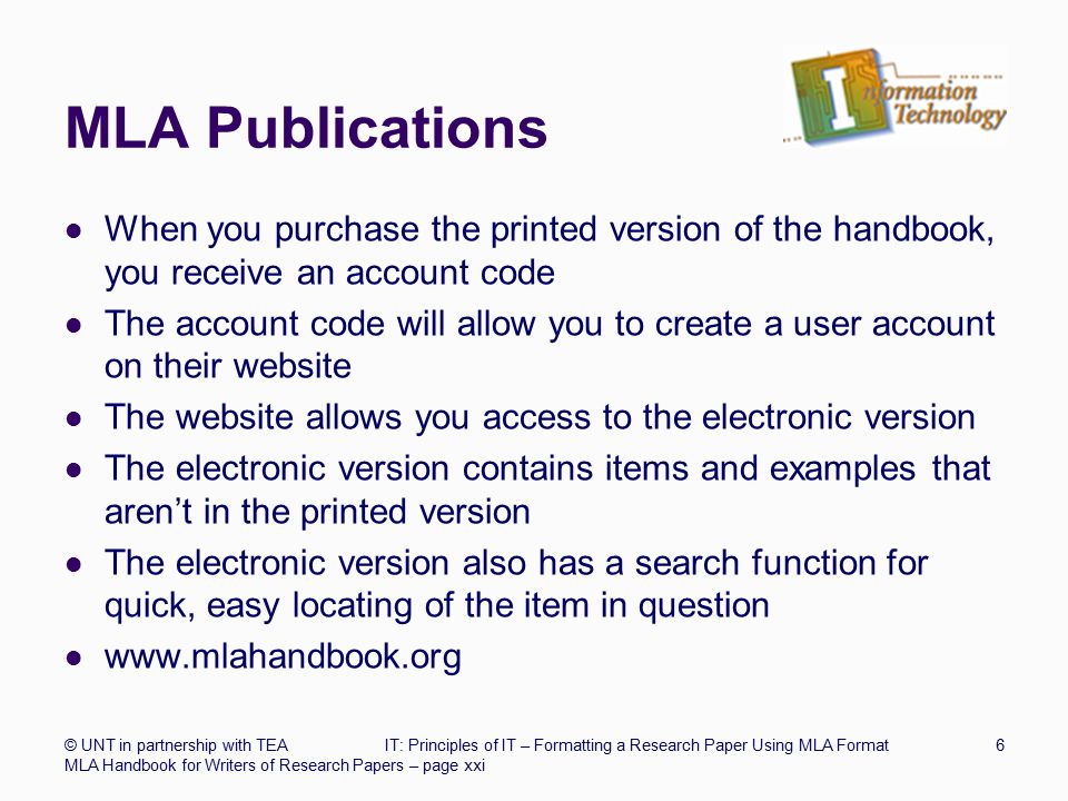 MLA Publications When you purchase the printed version of the handbook, you receive an account code.